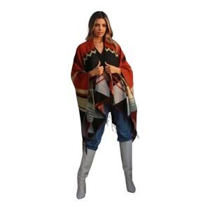 Billabong Women Seaside Voyage Red Southwest Print Fringe Poncho Wrap Loose Boho